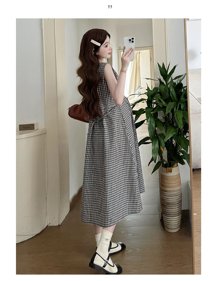 Summer Pregnant Women Plaid Dress Suits Short Sleeves Cotton T-Shirt Sundress Twinset Clothes Set Maternity Dress with Shirts
