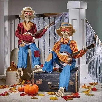 Halloween Banjo Scarecrow Playing Skeletons Animatronics Banjo Skeletons Decoration for Halloween Indoor Outdoor Yard Lawn Party 1