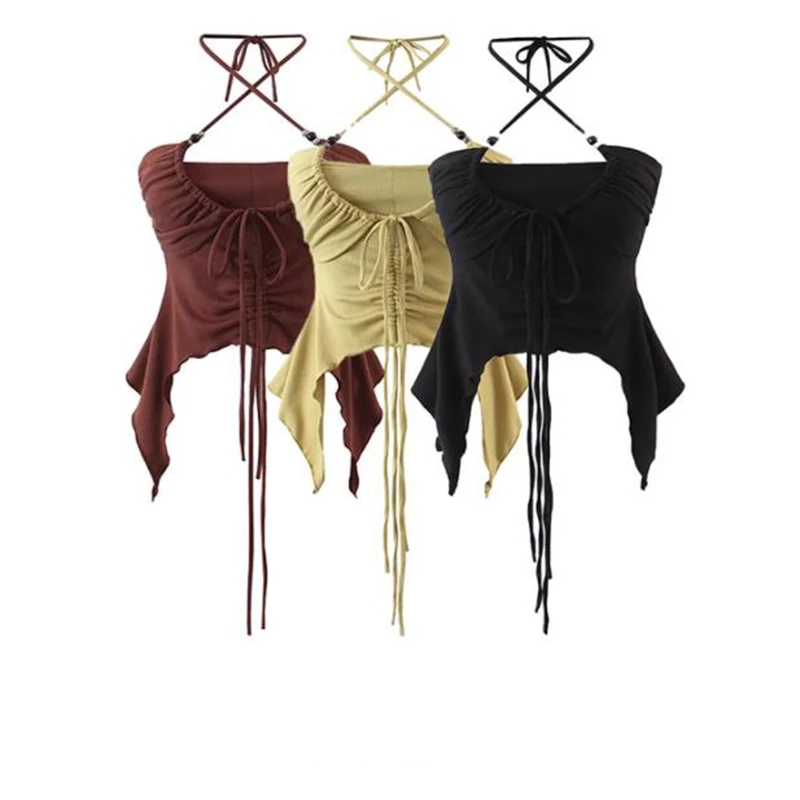 Camisola corta sexy punk con cordones para mujer, sin espalda, estilo veraniego, para discoteca, color negro, Y2K