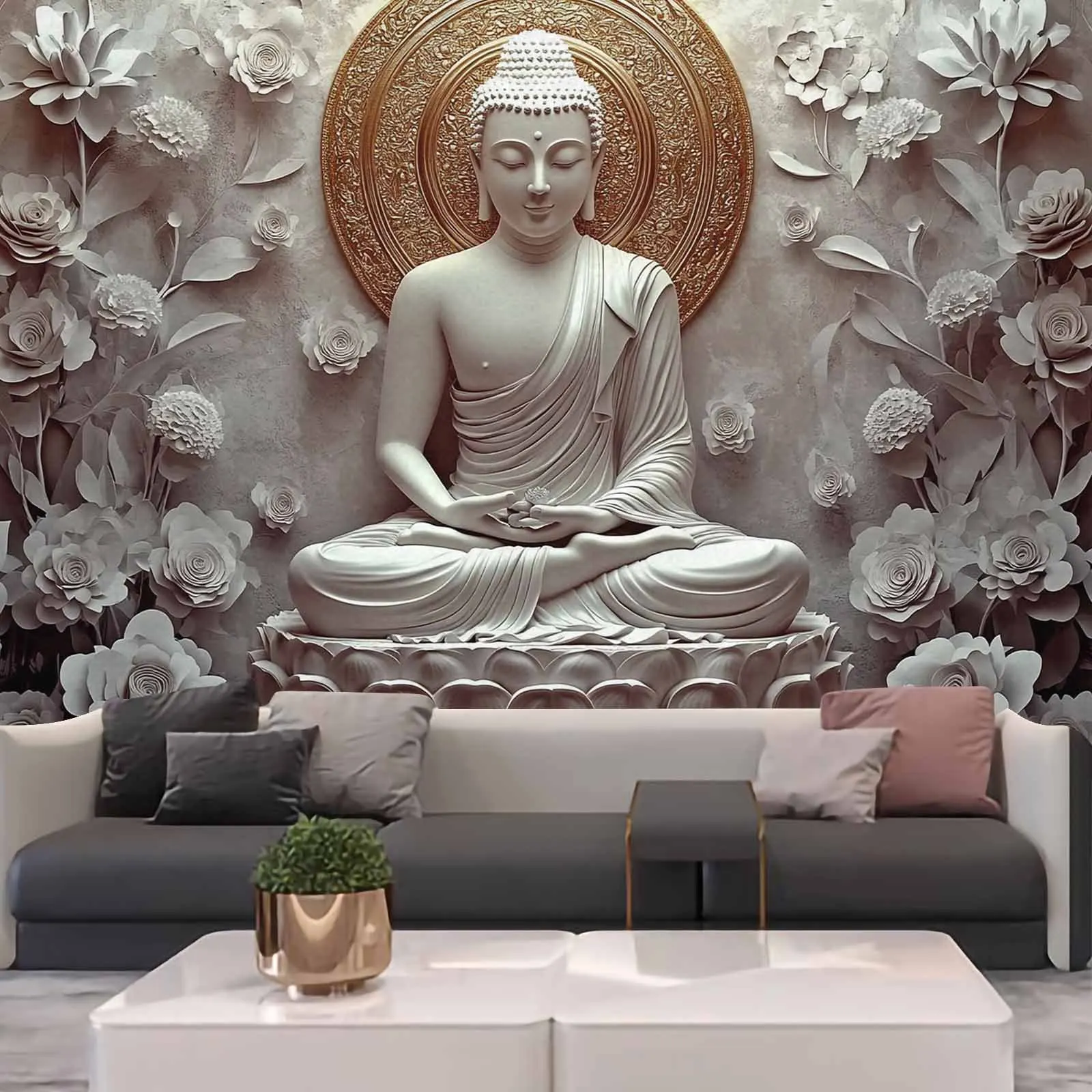 🪷 Sacred White Stone Buddha with Golden Lotus Halo – Spiritual Wall Tapestry 5