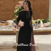 Custom Made O-neck Solid Sexy Sheath Backless Evening Dress Long Sleeve Beaded Crystal Floor Length Party Dress with Court