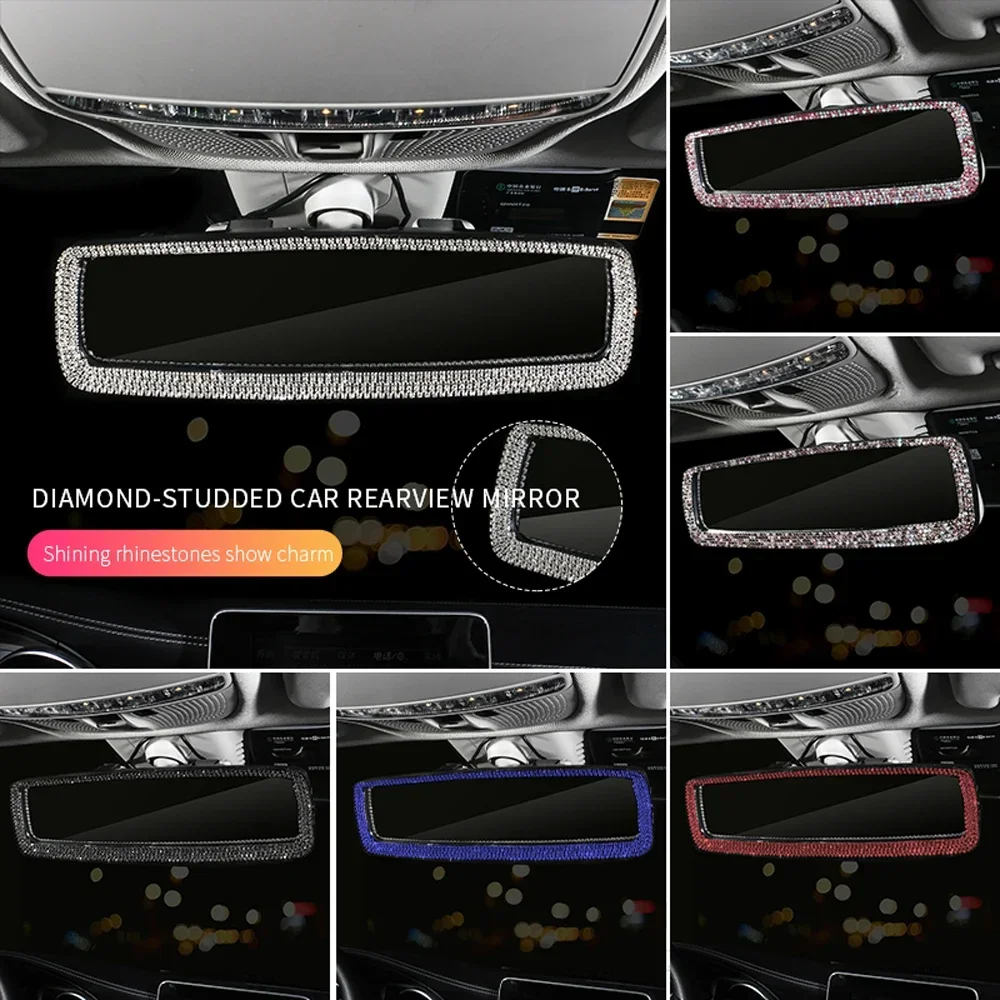 Car Interior Rearview Mirror Decor Diamond Crystal Rhinestone Rear View Mirror Cover Ornament Bling Car Accessories for Women
