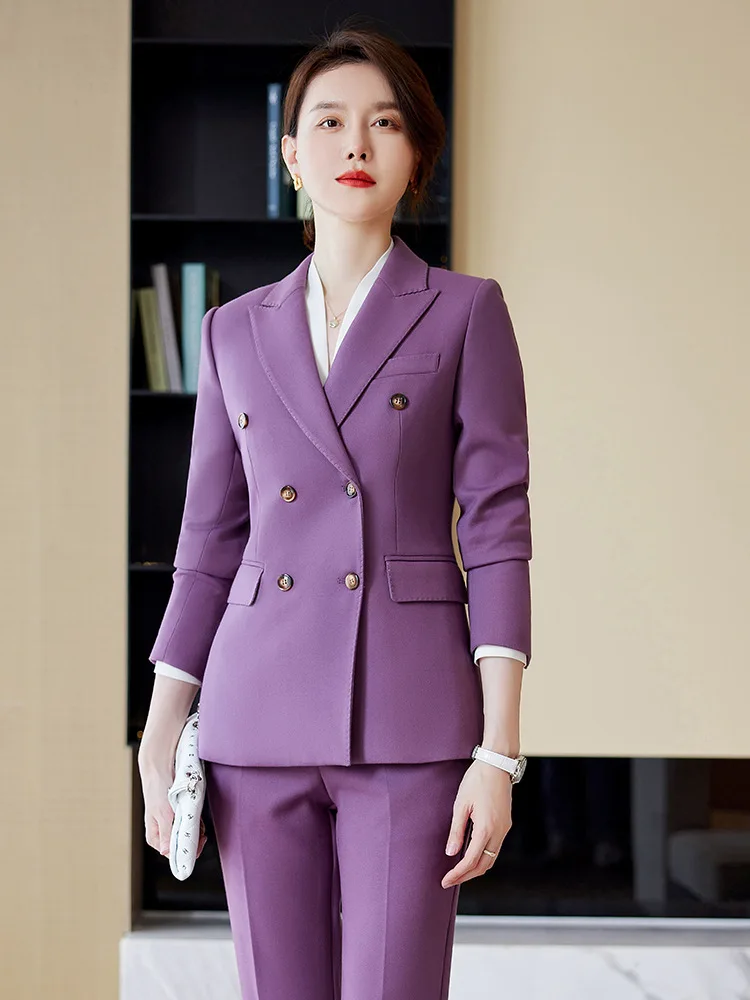 

Purple Women's Formal 2 Piece Sets 2023 Autumn Winter Female Double Breasted Jacket and Pants Office Ladies Work Wear Pant Sets