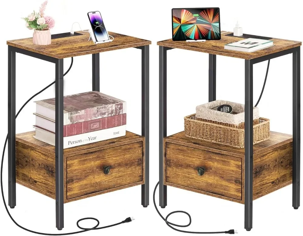

Side Table with Charging Station, Set of 2 Nightstand with USB Ports & Power Outlets,Narrow End Table with Drawer and Storage
