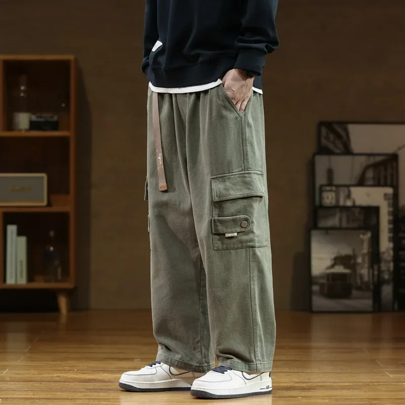 Men Cargo Pants Cotton Straight Wide Leg Oversize Pants Male Korean Style Autumn Big Size Fashion Pockets Casual wide leg pants men cargo pants