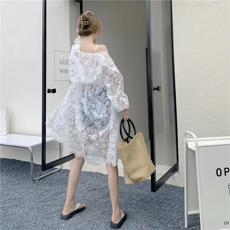 Women's Hooded Jacket Lace Sun Protection Jacket Spring Summer Plus Size Loose Retro Mid-length Hooded Jacket Thin Light Korean