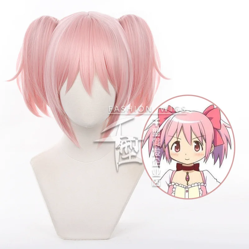 

Anime Puella Magi Madoka Magica Cosplay Madoka Kaname Cosplay Wigs Pink 30cm Short Clip Ponytails Heat Resistant Wigs + Wig Cap