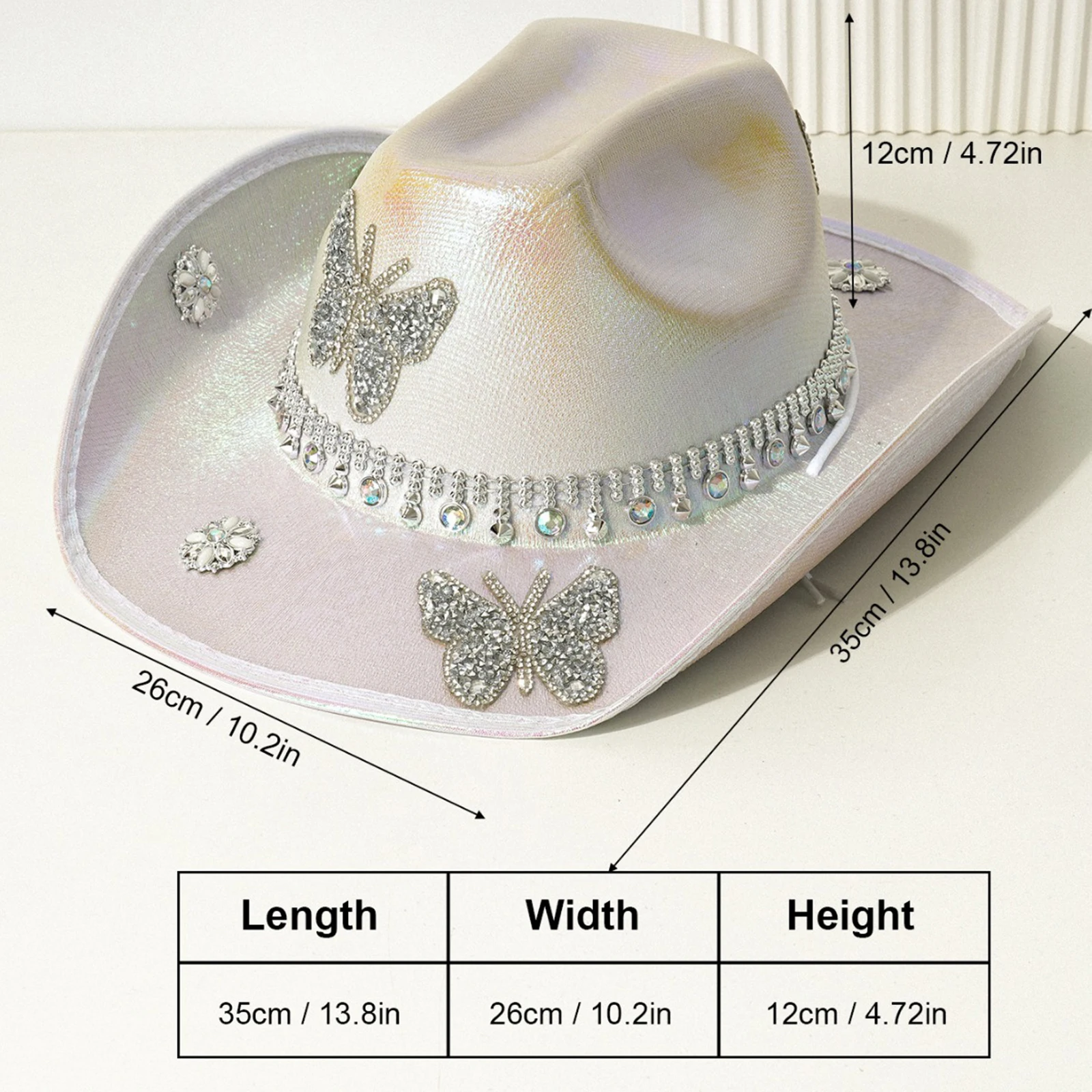 Rhinestone Butterfly Cowgirl Hat for Women Wide Brim Diamond Glitter Western Hat Cap for Wedding Music Costume Party