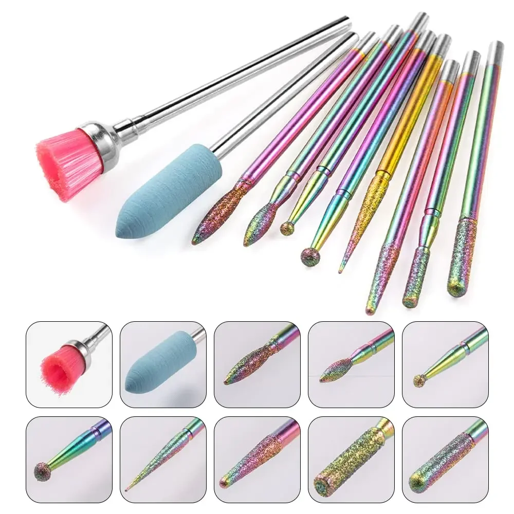 

10PCS Nail Drill Bits Set Diamond E-File Bit for Acrylic Gel Cuticle Clean Remove Manicure Pedicure Nail Accessories