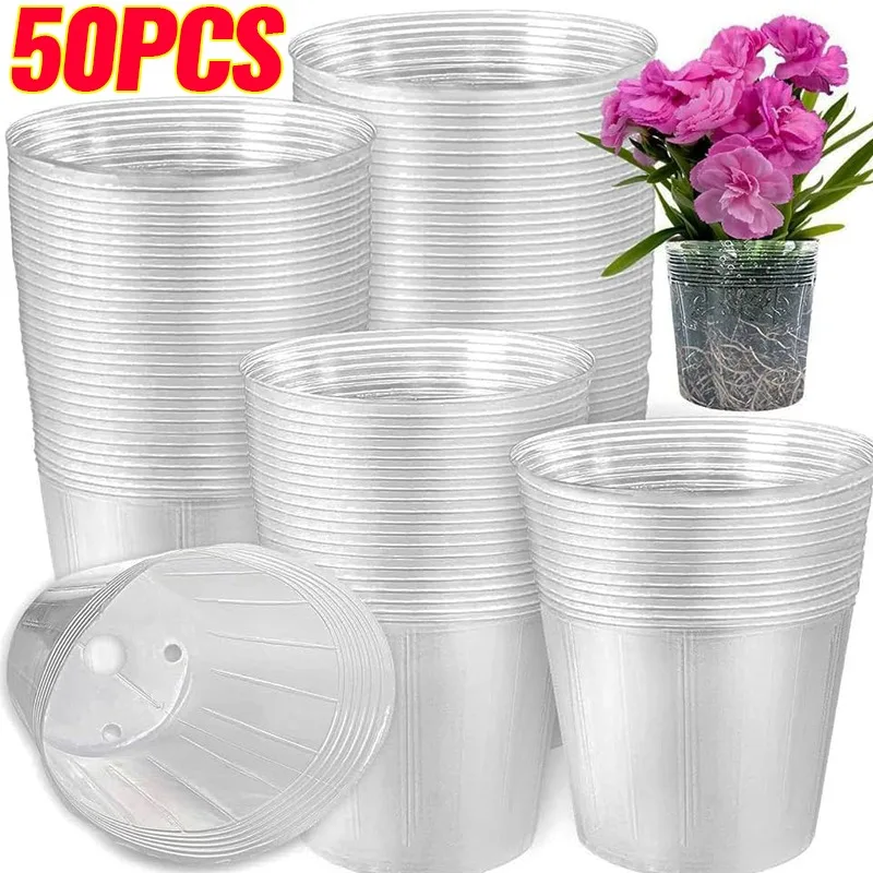 10/50pcs Transparent Nursery Pots with Drainage Hole Seed Starting Pot Flower Plant Container Gardening Planting Nutrition Cups 10/50pcs Transparent Nursery Pots with Drainage Hole Seed Starting Pot Flower Plant Container Gardening Planting Nutrition Cups