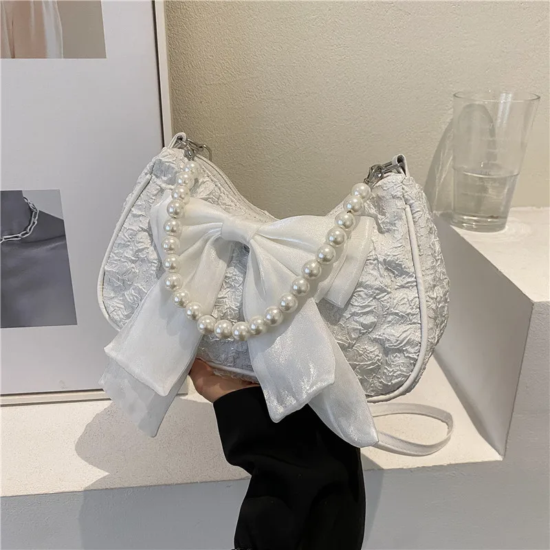 Summer Small Bag Women New Fashion Slung Shoulder Bag Pleated Cute Bow Pearl Handbag Luxury Brand Female Crossbody Bag