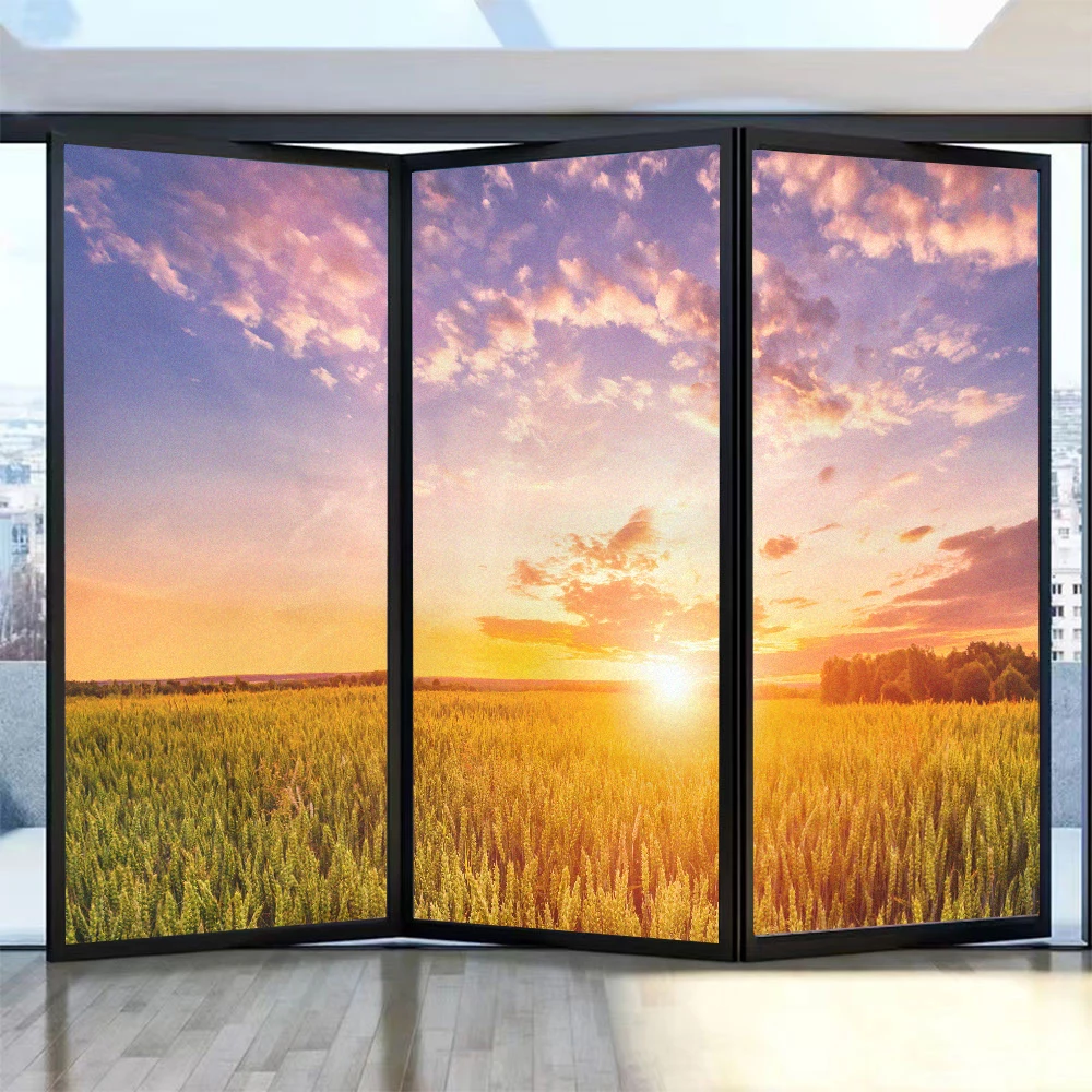 

Privacy Window Film Cornfield View Pattern Frosted Stained Glass Door Film PVC Anti-UV Non-Glue Electrostatic Glass Window Film