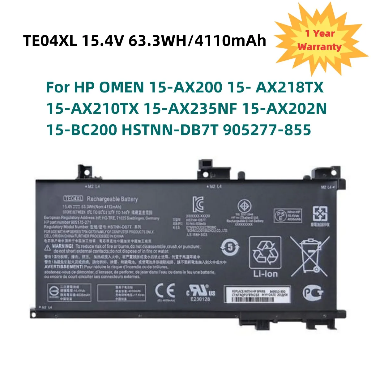 

TE04XL Laptop Battery For HP OMEN 15-AX200 15- AX218TX 15-AX210TX 15-AX235NF 15-AX202N 15-BC200 HSTNN-DB7T 905277-855 63.3WH