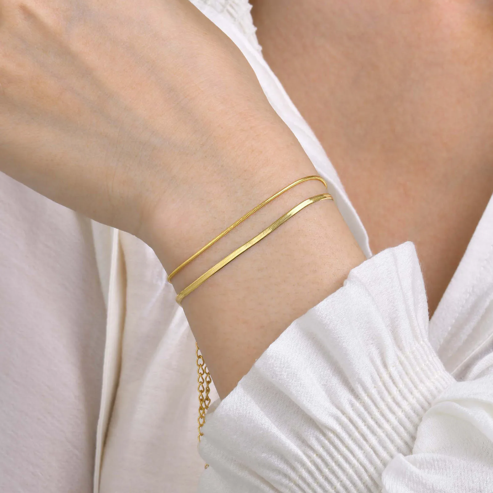 WomensDaintyDoubleThinSnakeChainBracelets18KGoldColor