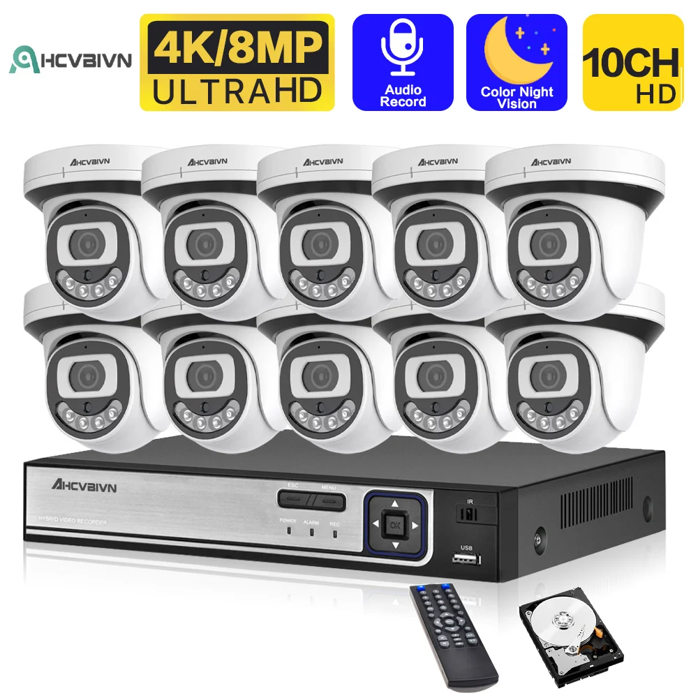 

4K 10CH наружняя Камера Видеонаблюдения POE NVR система 8MP Audio Colorvu камера видеонаблюдения с ночным видением CCTV POE 8CH P2P NVR комплект видеонаблюдения