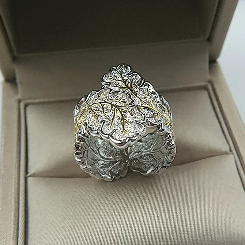 Vintage Engraving Golden Leaf Embossed Men and Women 925 Silver Ring Jewelry Elegant Party Essential Jewelry engagement ring silver ring silver rings gold plated silver ring golden ring