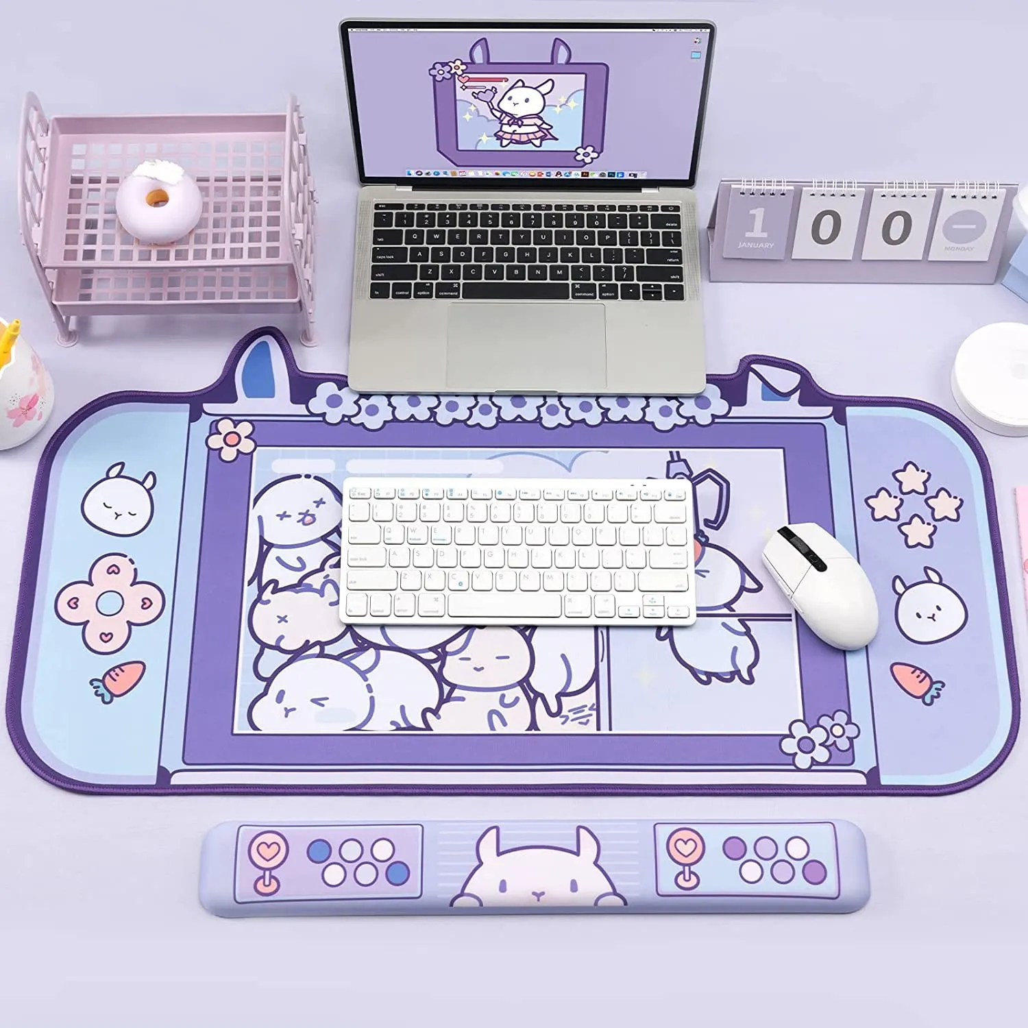 Cute Kawaii Bunny Bow Flower Extended Gaming Desk Mat – PU Leather, Non-Slip, Water-Resistant, 60x30cm - View #2