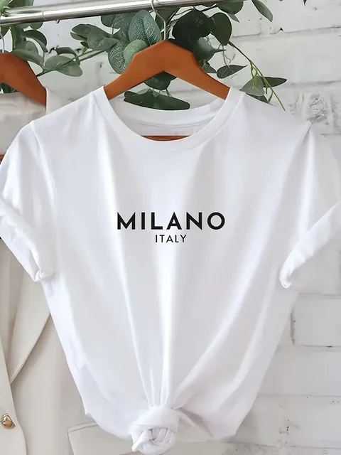 T-shirt à manches courtes et col rond pour femme, haut décontracté, imprimé lettre Milano, vêtements à la mode, printemps et été 1