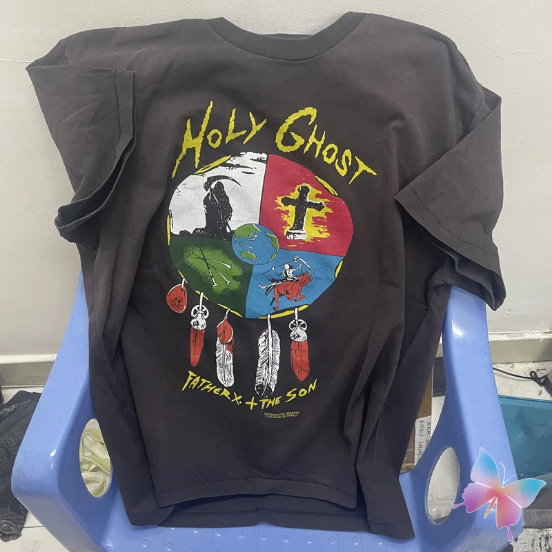 

Vintage Streetwear Saint Michael Tshirts Cotton Washed Hole Earth Colorful Feathers Short Sleeve Hiphop Casual Men WomenT-shirt