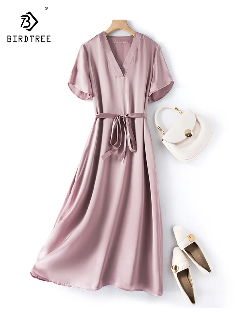 

Birdtree 100%Mulberry Silk Solid Color Party Dress 2023 Women's Fashion Short Sleeves V-Neck Loose Waist Wrap Mid Dress D37620QC