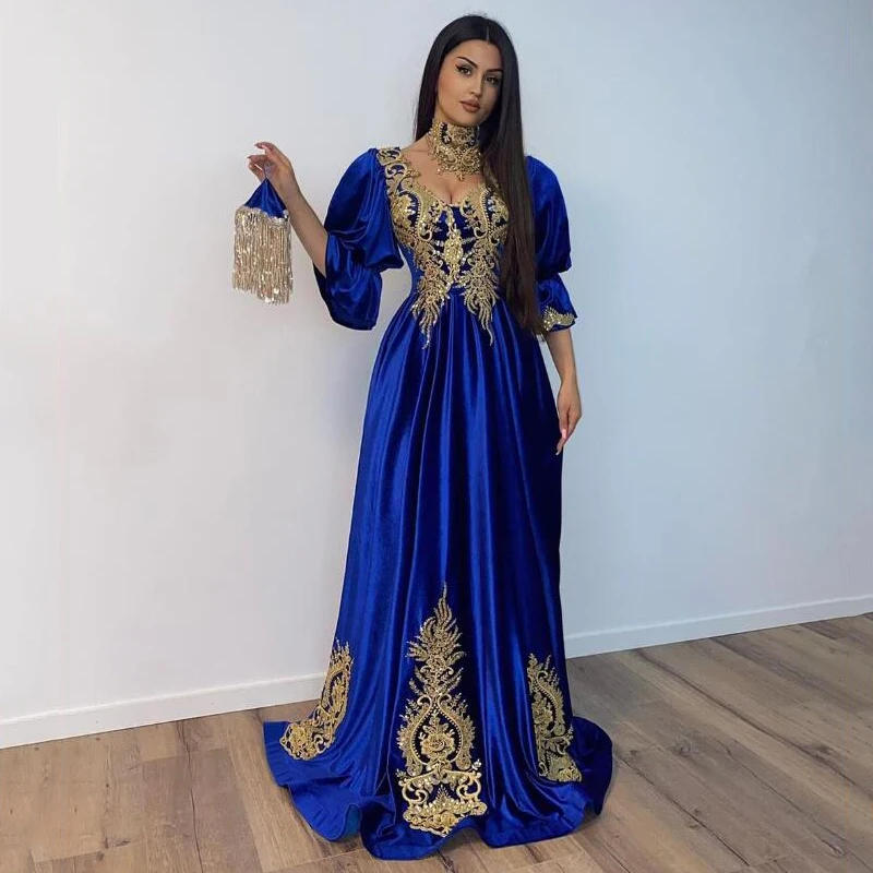 Royal Blue Moroccan Caftan Evening Dress Dubai Saudi Arabic Abaya Embroidery Velour Puff Sleeves Islamic Prom Dresses 2024 koendye moroccan caftan evening dress long sleeve two piece dubai saudi arabic evening dress abaya prom dress 2024 custom made