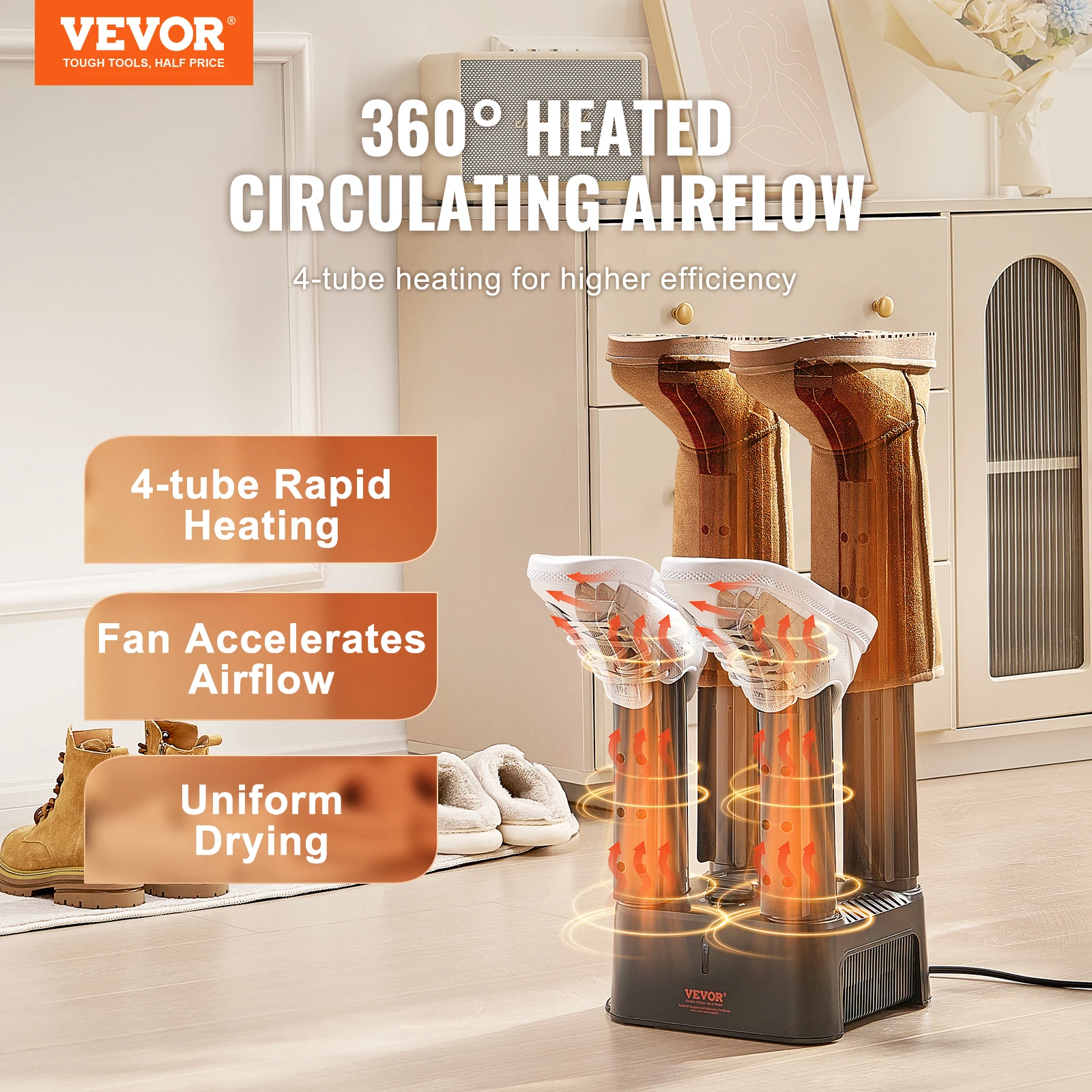 VEVOR Detachable 4 Tubes Portable Shoe Dryer with Timer Boot Warmers Dryer with Heat Blower & ABS PP for Multiple Shoes and Boot 2