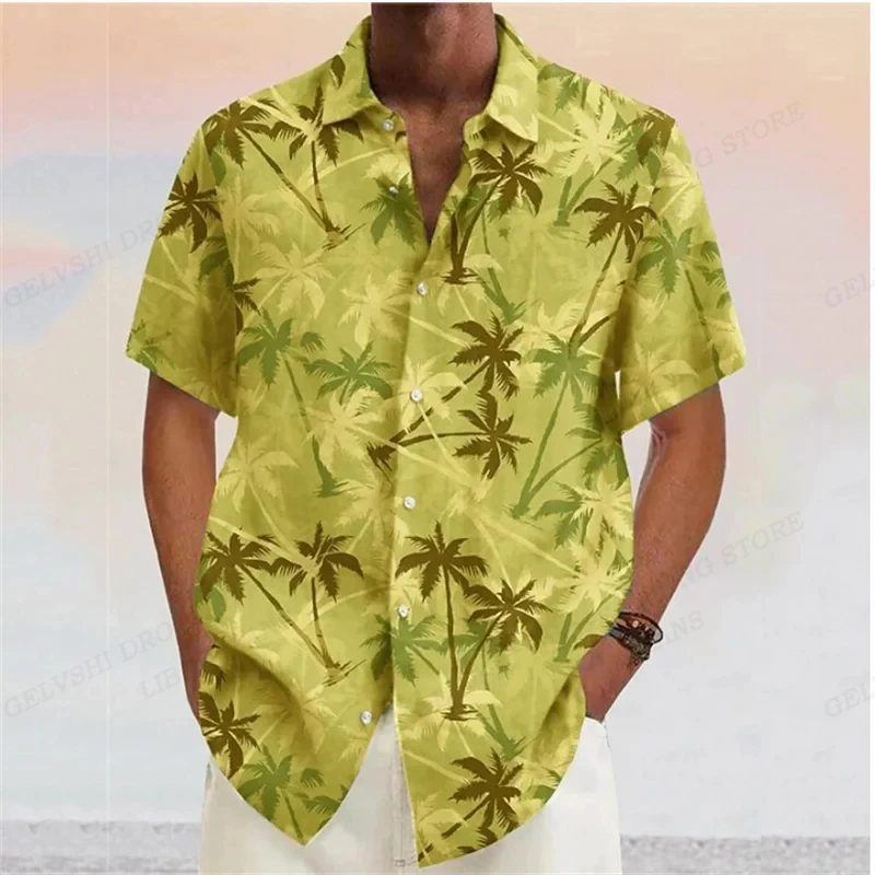 Summer Men Hawaiian Shirts Coconut Tree Lapel Camisas Men Fashion Short Sleeve Shirt Floral Blouse Turn Over Collar Clothes Male 3