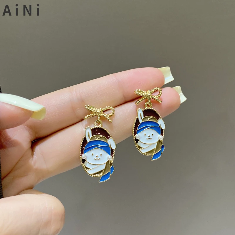 

Lovely Design 925 Silver needle Gold Color Bowknot Earrings Cute Style Fashion Jewelry Rabbit Drop Earrings For Women Gifts