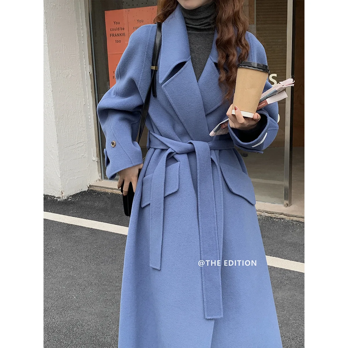 

New 2023 Women real woolen High fashion vintage Long Woolen Coat with Belt Full Sleeve Ladies real Woolen coats Outerwear