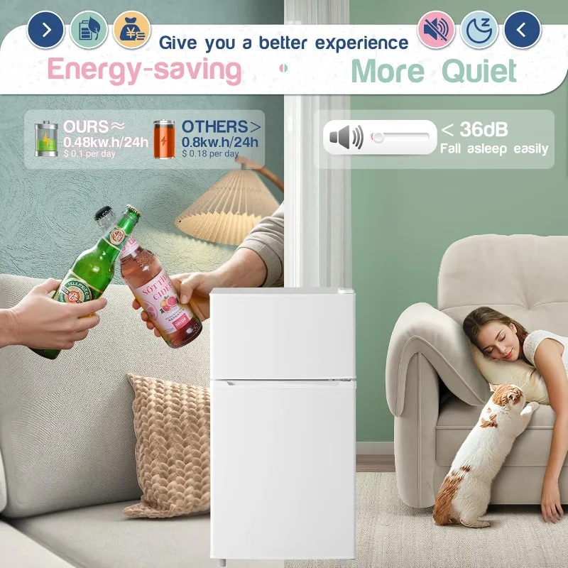 Double Door Refrigerator with Freezer, 3.5 Cu.Ft, Small Fridge with Freezer,7 Settings Temperature Adjustable, Mini Refrigerator 5 Double Door Refrigerator with Freezer, 3.5 Cu.Ft, Small Fridge with Freezer,7 Settings Temperature Adjustable, Mini Refrigerator 5