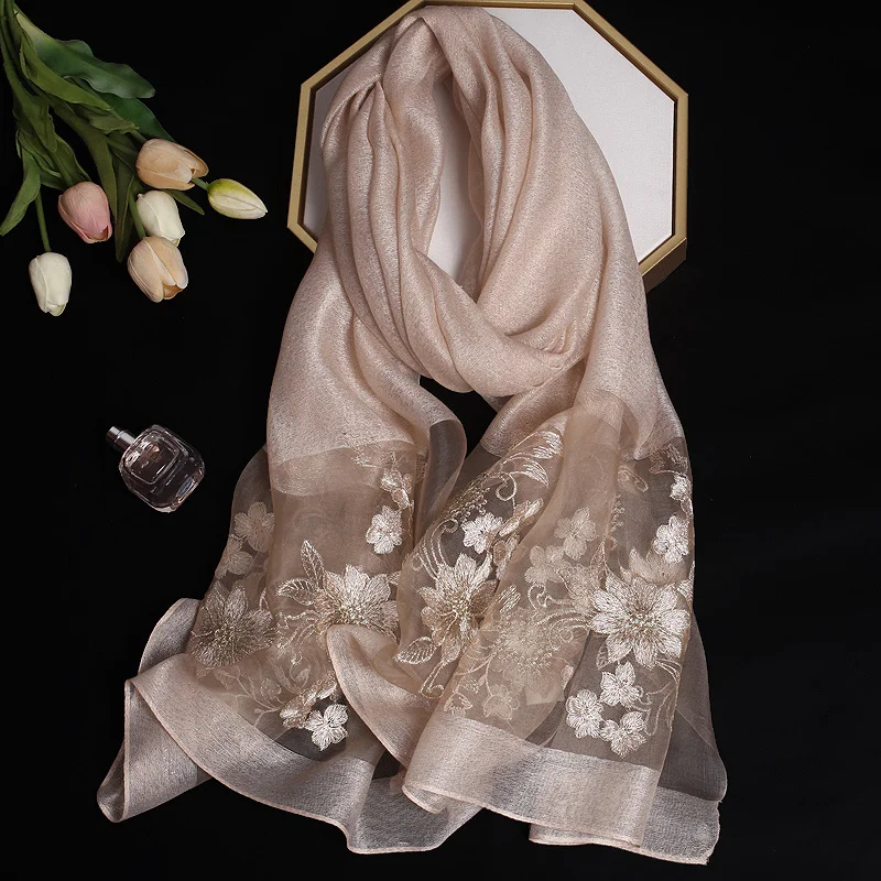 2024 Luxury Silk Shawl Scarf for Women Design Embroidery Flowers Hijab Wraps Bufandas Female Headkerchief Fouloud Echarpe