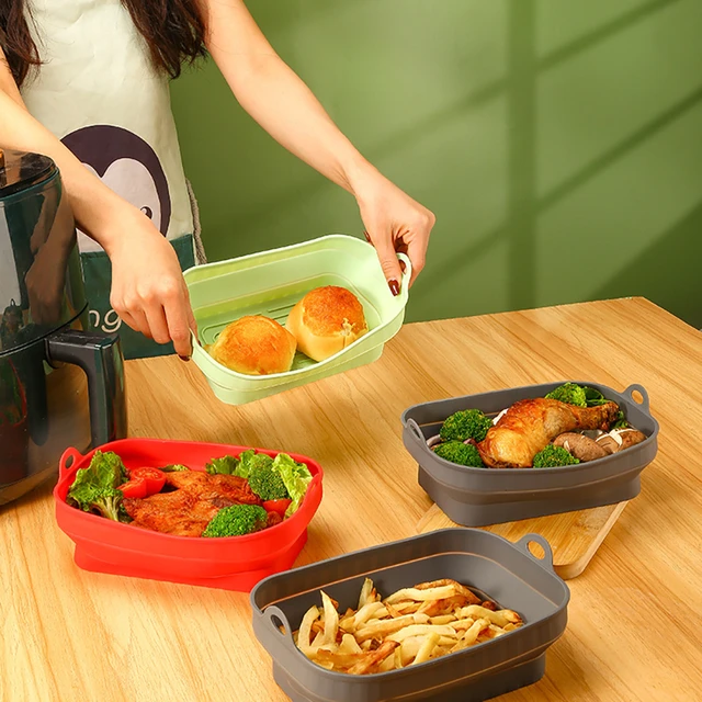 Collapsible Air Fryer Silicone Tray Rectangle Oven Baking Tray Basket  Reusable Liner Insert Dish For Ninja
