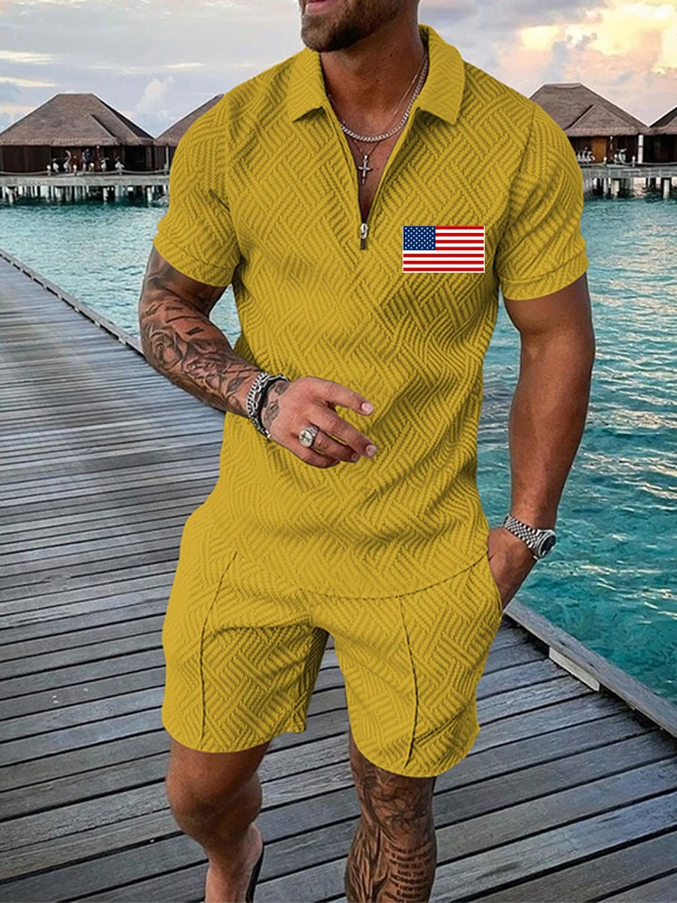 New American Flag Polo Sets Men's Tracksuit Solid Color 3D Print Polo Shirts Zipper Short Sleeve+Shorts Set for Men Casual Suit