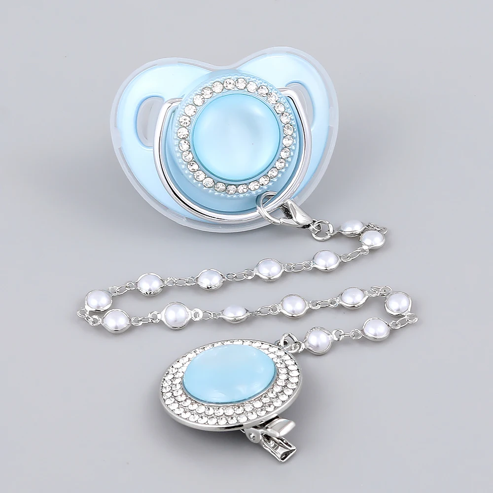 

Blue Baby Pacifier Holder With Beads Chain Clip Newborn Silicone Pacifier Gold Bling Infant Nipple BPA Free Baby Chupetero