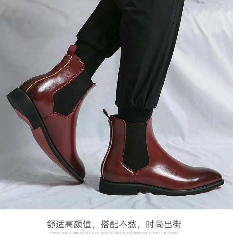 Red Bottom Chelsea Boots for Men Round Toe Slip-On Business Ankle Boots Size 38-46 Men Short Boots Zapatos Para Moto Hombre