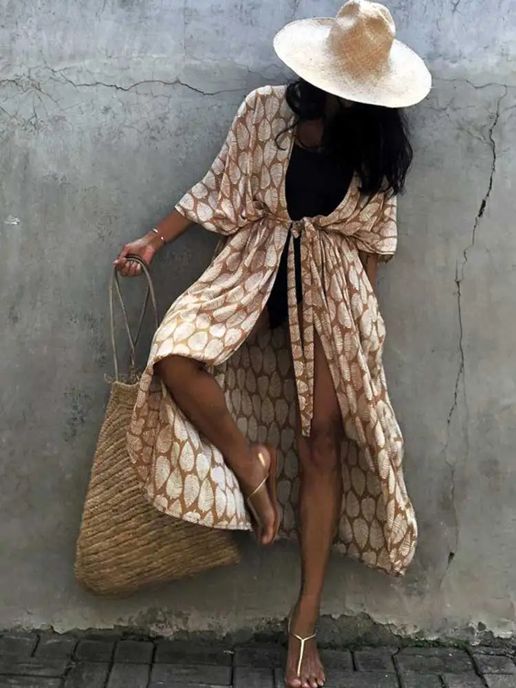 Flowerdevida-여성용 여름 가디건, 루즈한 수영복 커버, 벨트 기모노 슬리브, 홀리데이 보호 비키니 커버 업