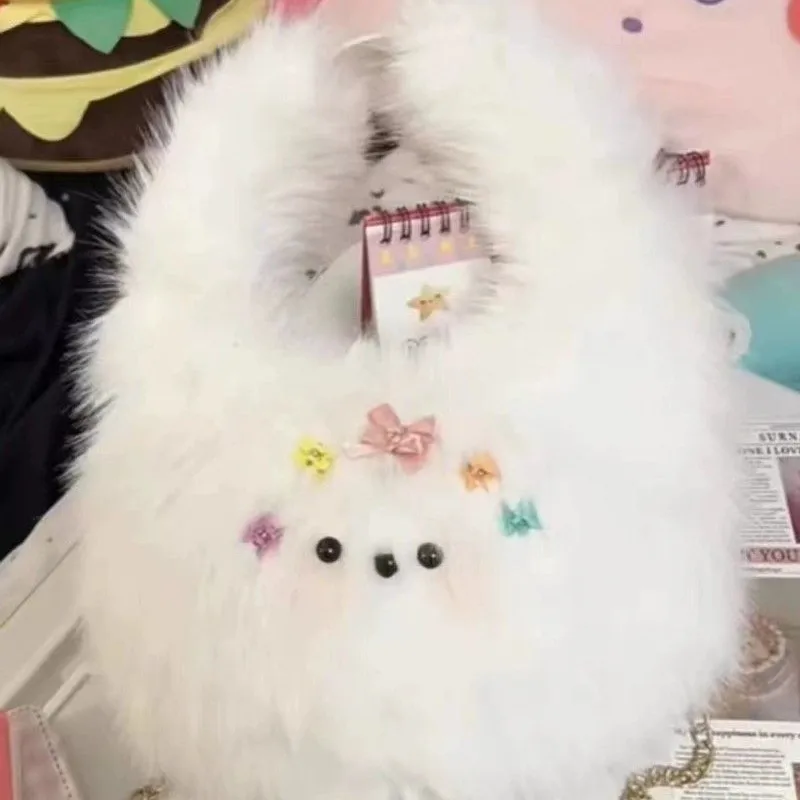 JIAERDI Harajuku Aesthetic White Hand Bag Wallet Women Plush Chic Handle Casual Crossbody Bags Female Sweet Cute Y2k Handbag New