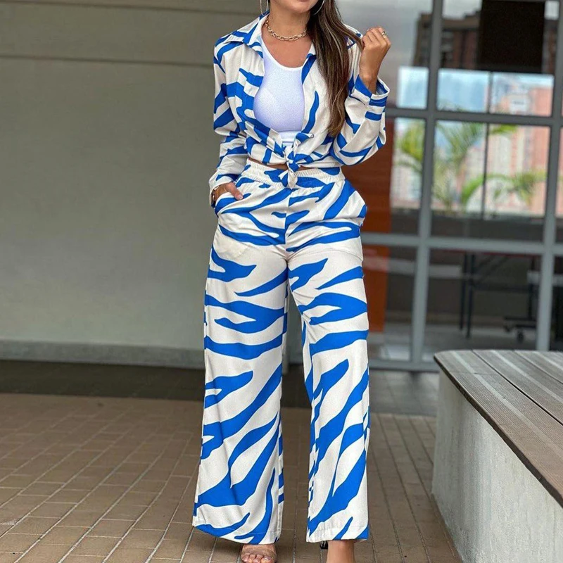 

Autumn High Street Tracksuit Sets Female Lapel Button Shirts+High Waist Straight Pants Set Fashion Striped Long Sleeve 2pc Set