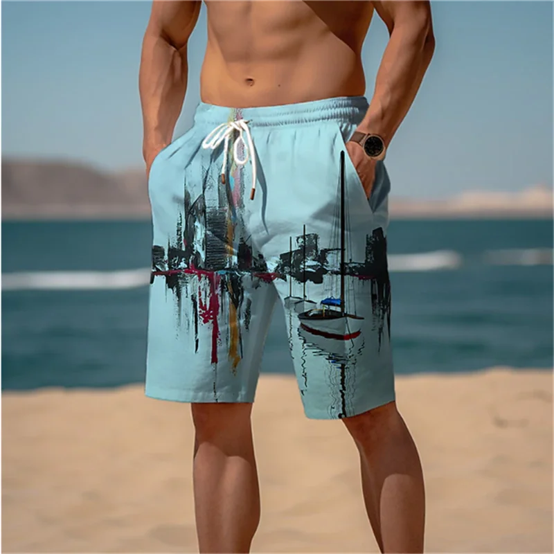 Fashion Lake Reflection Pattern Beach Short Mens Trend Personalization 3D Printed Board Shorts Loose Casual Oversized Swim Trunk 4
