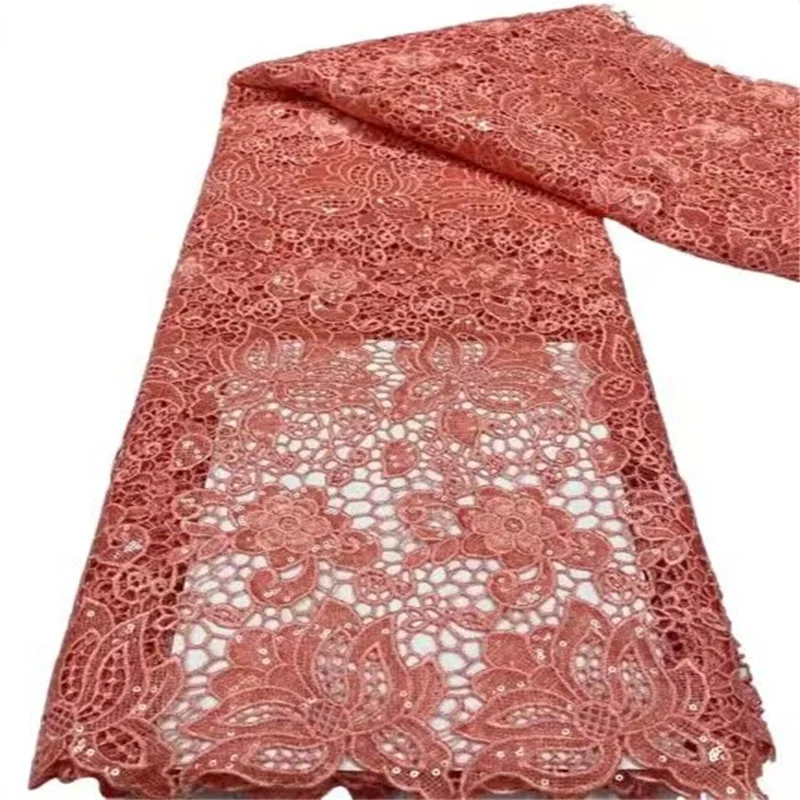 

Pink African Guipure Cord Sequins Lace Fabric Embroidery Nigerian Water Soluble Fabric Sequins For Dress
