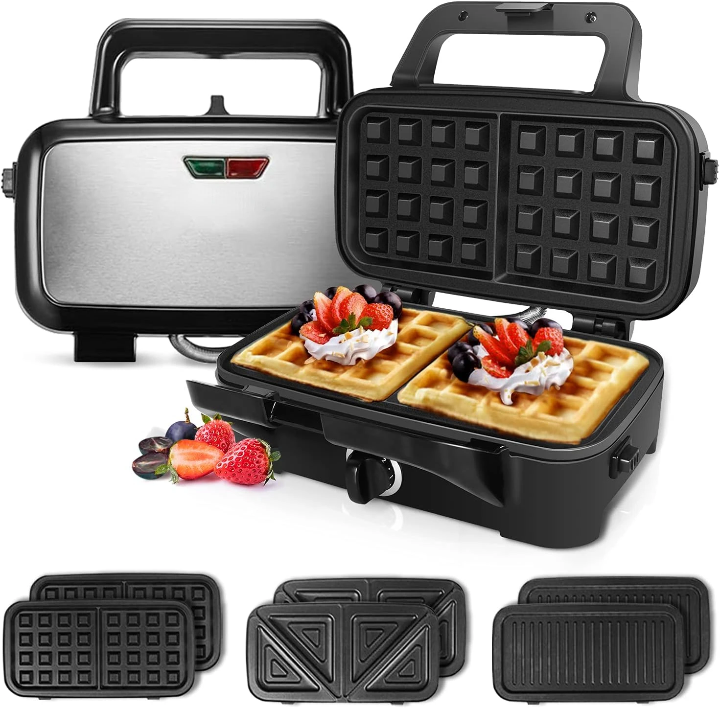 

Waffle Makers, 3-in-1 Waffle Iron Panini Press Sandwich Maker with Removable Plates, 5-gears Temperature Control Non Stick Coati