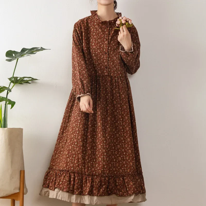 

Платье женское хлопковое средней длины с цветочным кружевом, винтажное элегантное классическое свободное дамское платье с оборками, в стиле девушки из леса, большие размеры, на осень