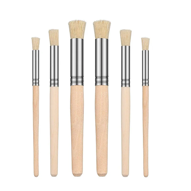 6PCS 브러쉬 세트, 나무 손잡이 스텐실 브러쉬, 목재 벽 모델 하우스 페인팅, DIY, 공예 및 아크릴 오일용 3가지 크기 브러쉬