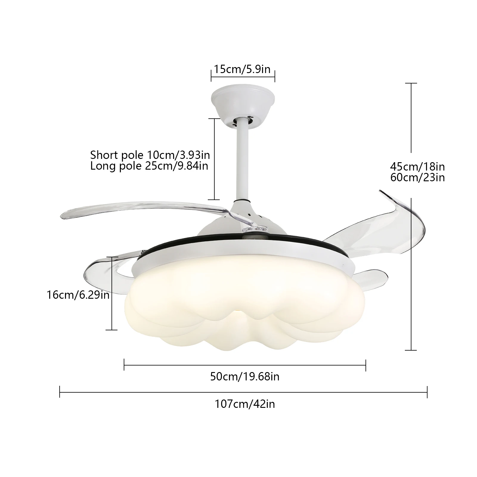Ceiling Fan with Lights&Remote Control 42 Inch Modern Fandelier Ceiling Fan Retractable with Light