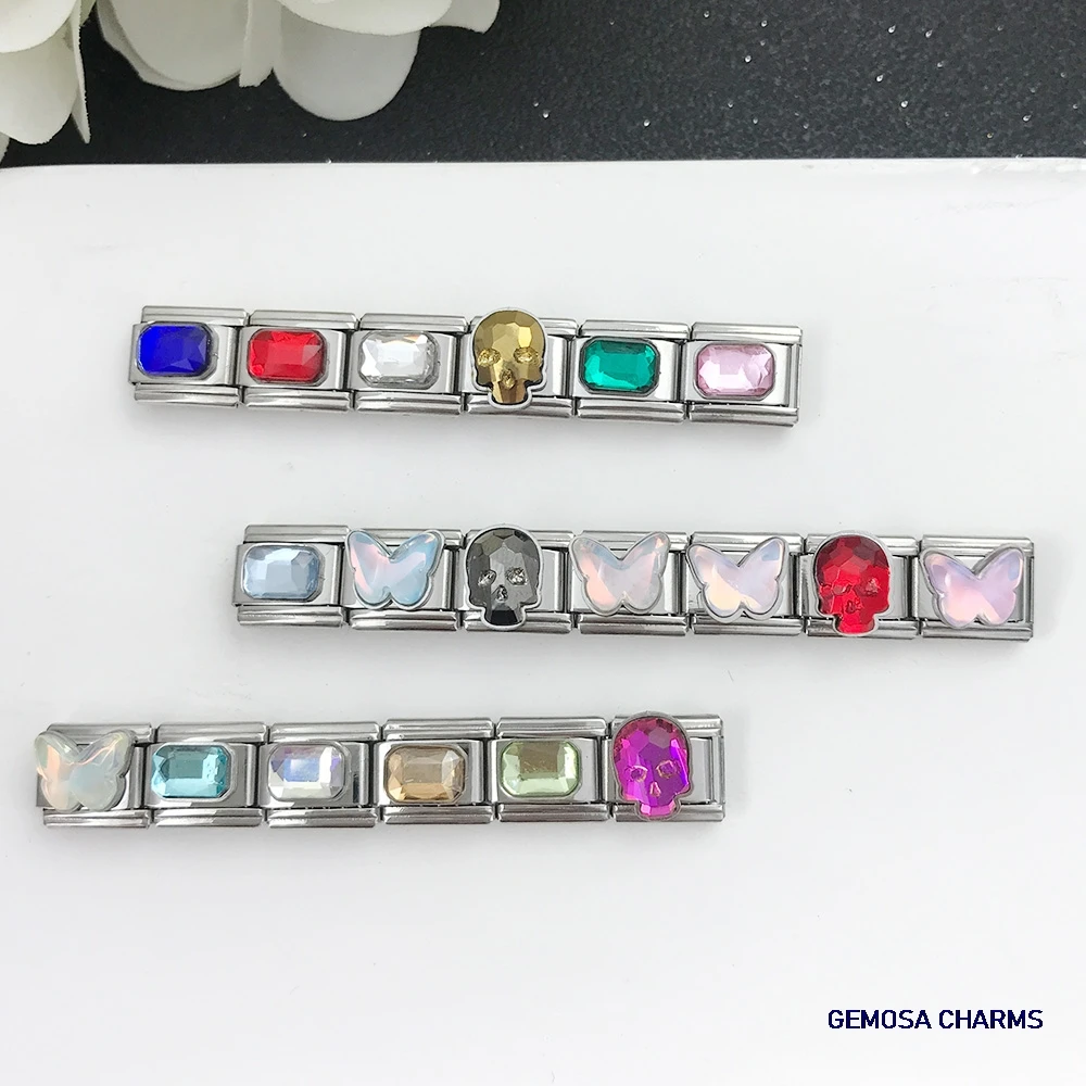 GEMOSA Großhandel Italienischer Charm-Link, passend für 9 mm Edelstahl-Schmuckherstellung, bunter Totenkopf, Schmetterling, quadratisches Bild, Armbänder zum Selbermachen – Detail 1