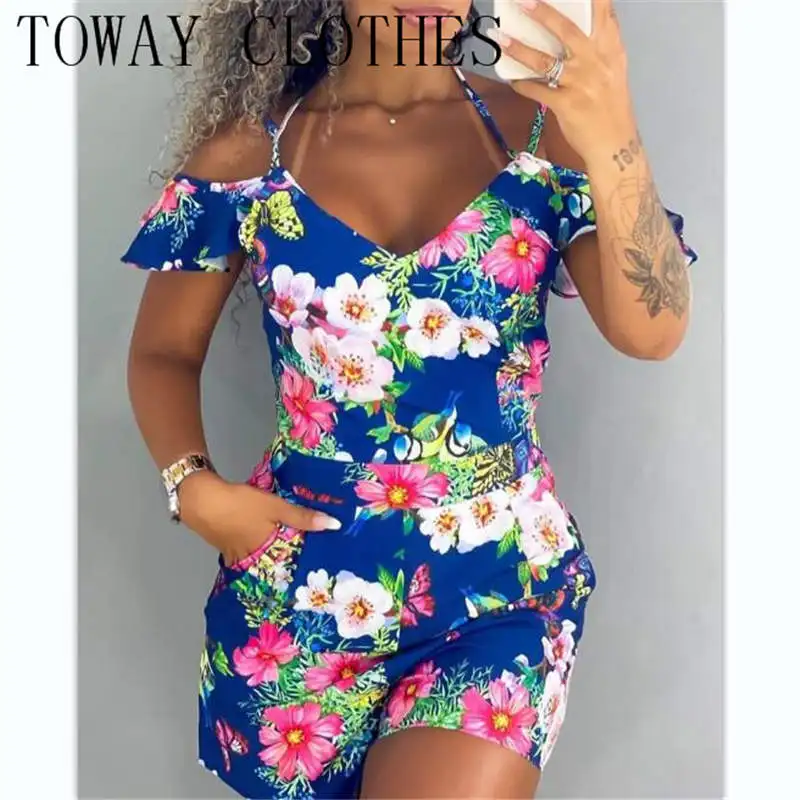 

Women's Clothing Summer 2022 Butterfly Floral Print Cold Shoulder Romper Bodysuit Woman Jumpsuit
