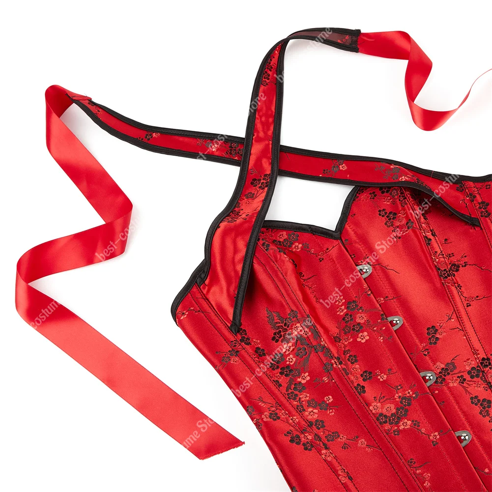 Vintage-Inspired Floral Gothic Corset Top with Halter Straps in Black and Red
