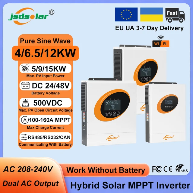 Jsdsolar Onduleur Solaire Hybride 4KW 6.5KW 12KW 24V 48V à Onde Sinusoïdale Pure, Onduleur PV On/Off Grid 160A avec Chargeur Solaire MPPT 500VDC, WiFi, RS232, RS485, CAN pour Système Solaire Domestique 1