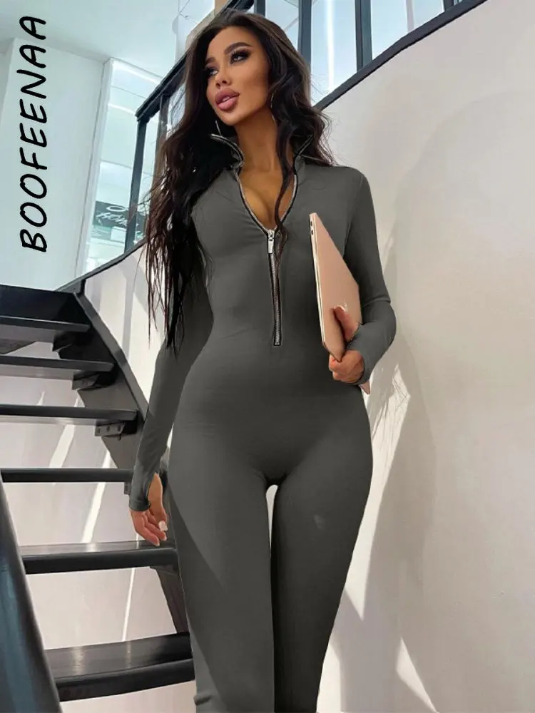 Boofeenaa Sport One Piece Outfit Winter Clothes Women Zipper Long Sleeve Bodycon  Jumpsuit Activewear Baddie Clothes C95 size S Color White