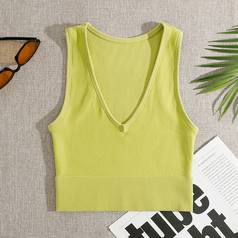 Seamless Rib-Knit V-neck Yoga Vest Women Gym Workout Crop Tops Fitness Running Sports Tight Tank Top Female Without Pad Vests